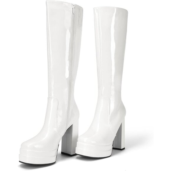 ⚡Women's White pat Faux Leather Platform Heeled Knee High Long Chunky Tall Boot - Picture 4 of 7